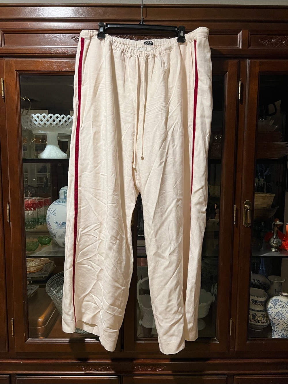 J. Crew Cream “track pant” trousers with Red velvet Side Stripe